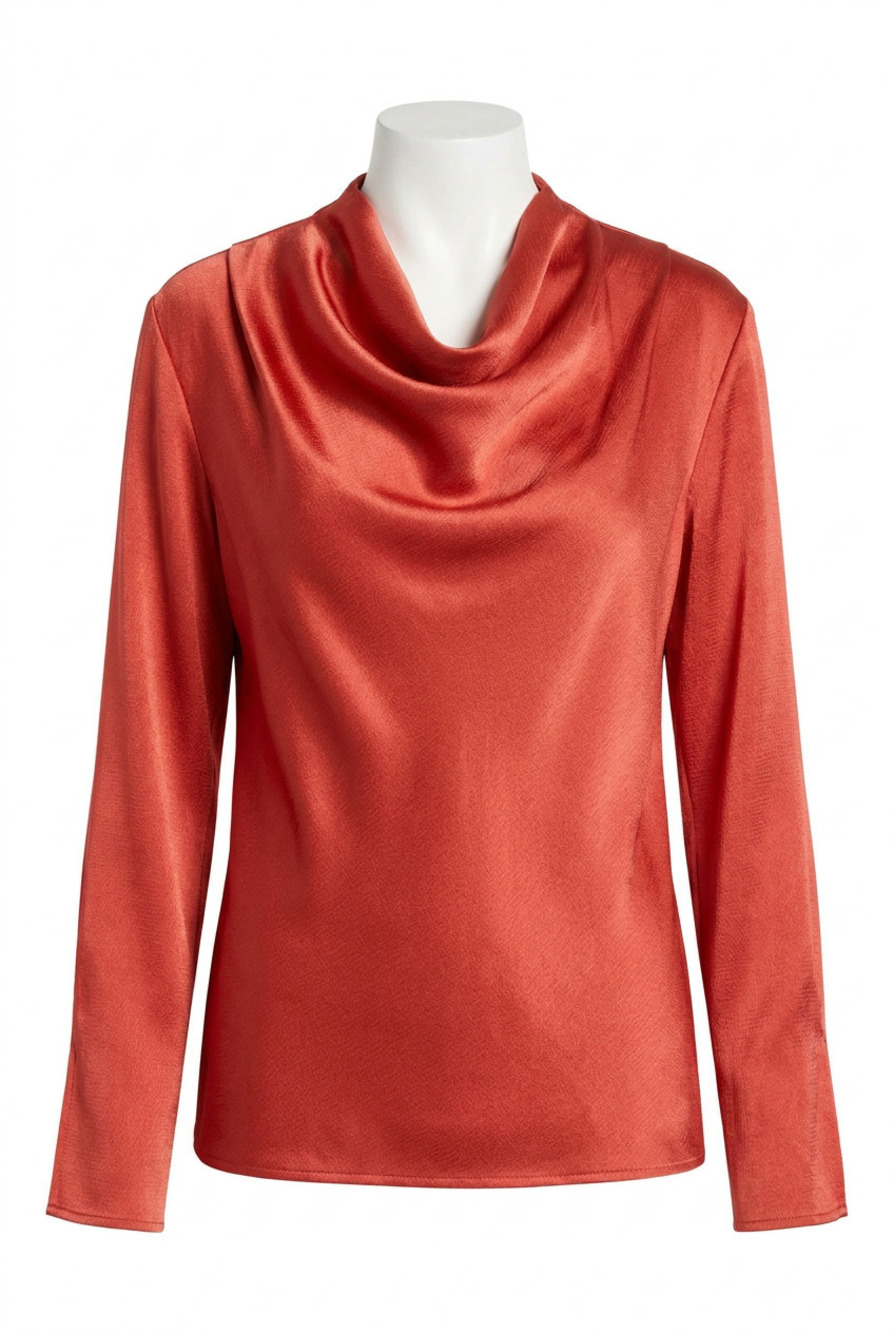 NEW LYSSE hammered satin high cowl neck blouse in earthy orange